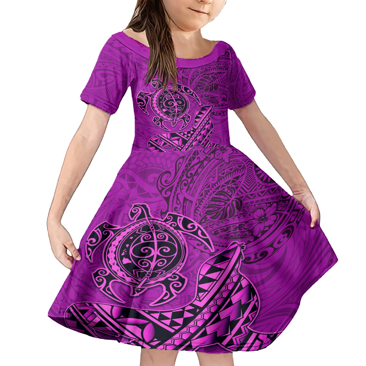 Hawaii Monk Seal and Dolphin Kid Short Sleeve Dress Polynesian Kakau Pattern Pink
