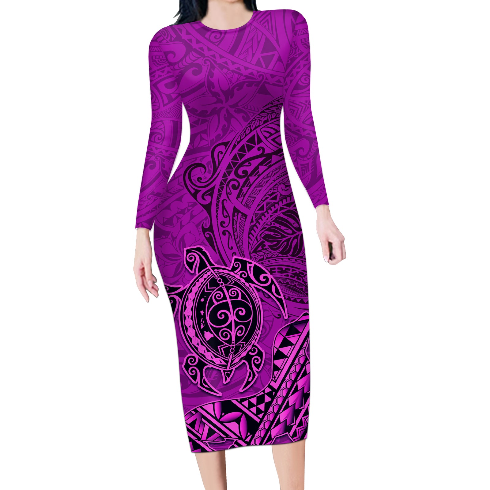 Hawaii Monk Seal and Dolphin Long Sleeve Bodycon Dress Polynesian Kakau Pattern Pink
