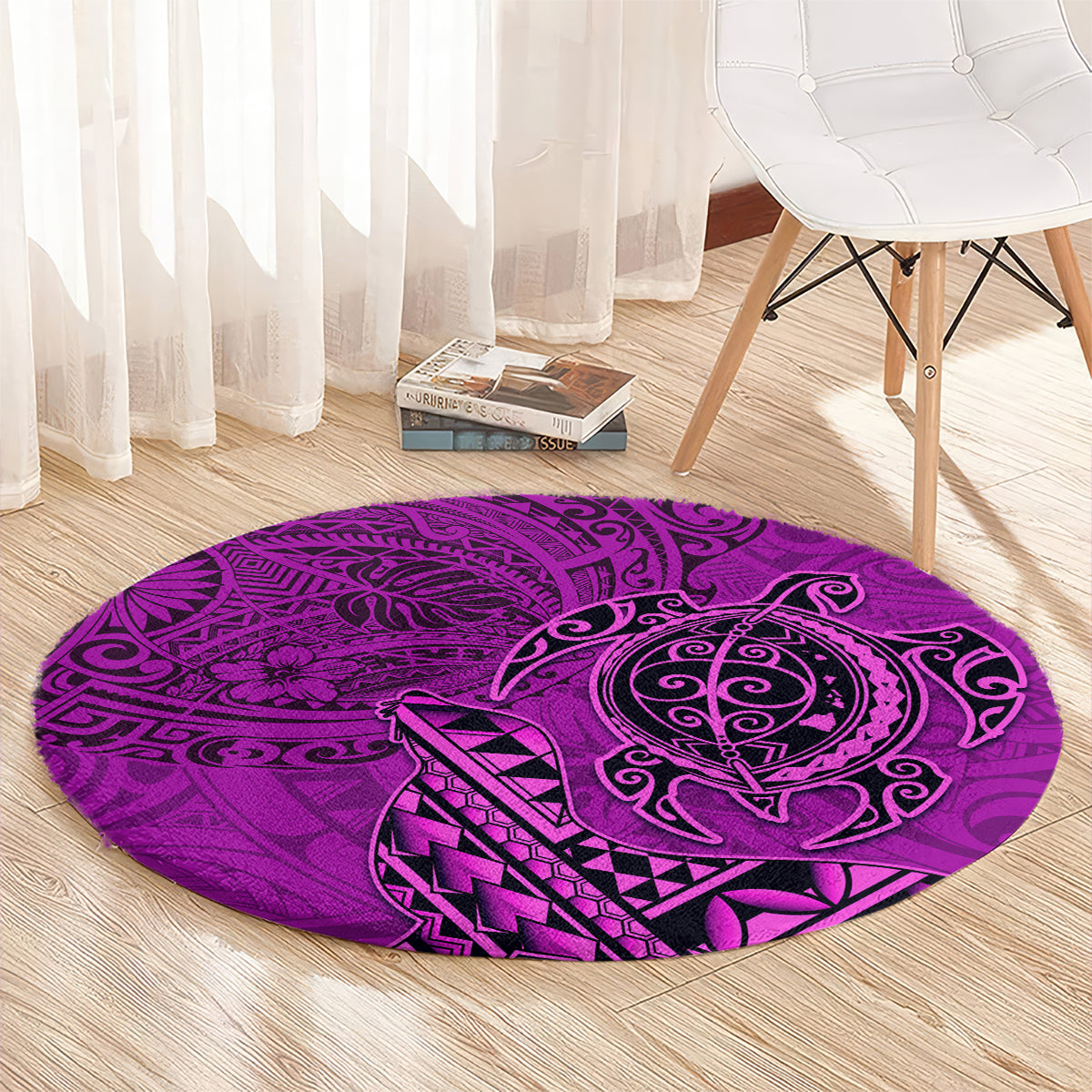Hawaii Monk Seal and Dolphin Round Carpet Polynesian Kakau Pattern Pink