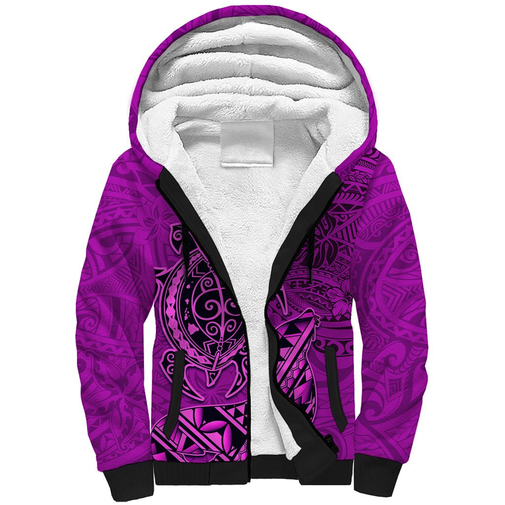 Hawaii Monk Seal and Dolphin Sherpa Hoodie Polynesian Kakau Pattern Pink