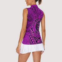Hawaii Monk Seal and Dolphin Women Sleeveless Polo Shirt Polynesian Kakau Pattern Pink