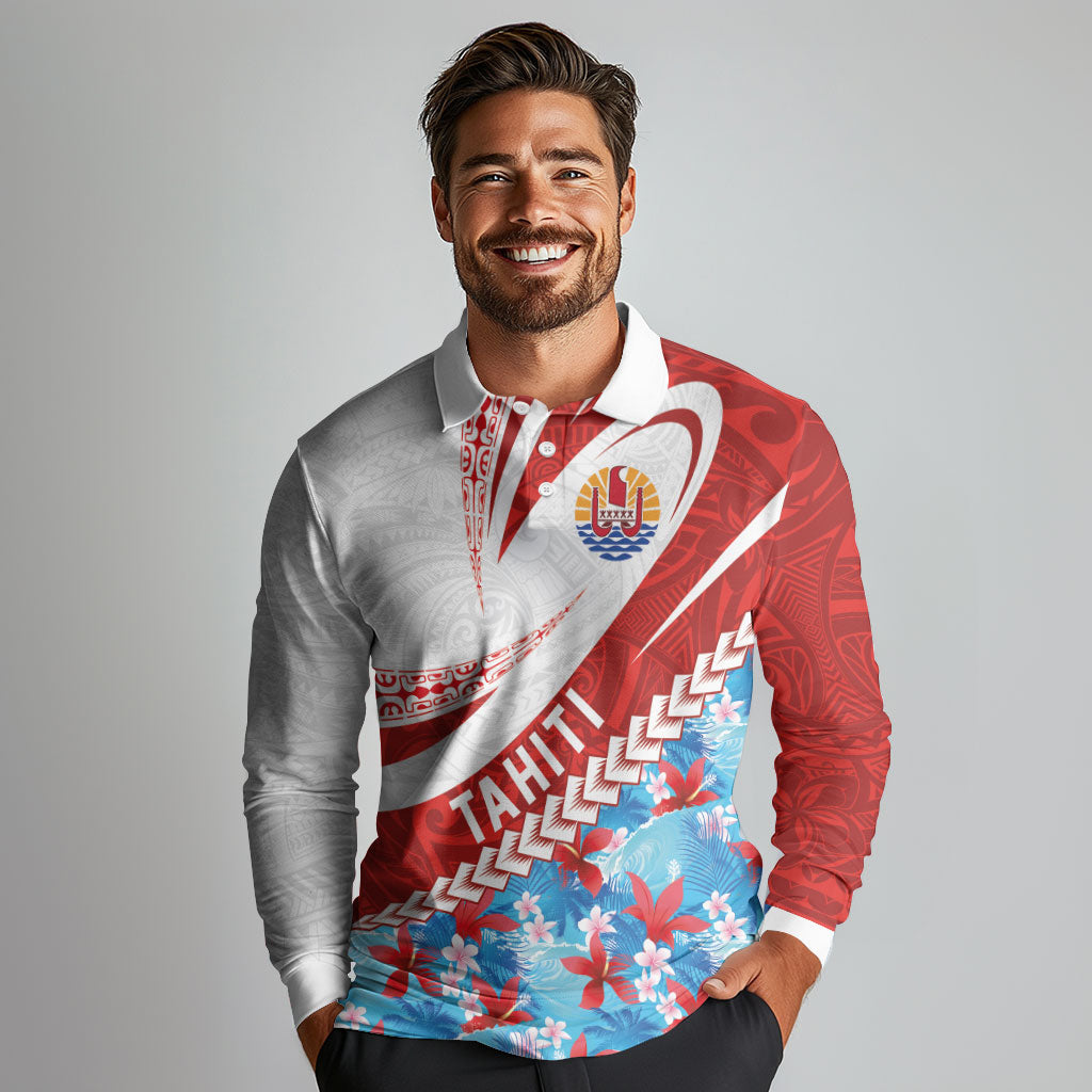 Personalized Tahiti Surfing 2026 Long Sleeve Polo Shirt Marquesan Tattoo-Sporty Style LT03 - Polynesian Pride