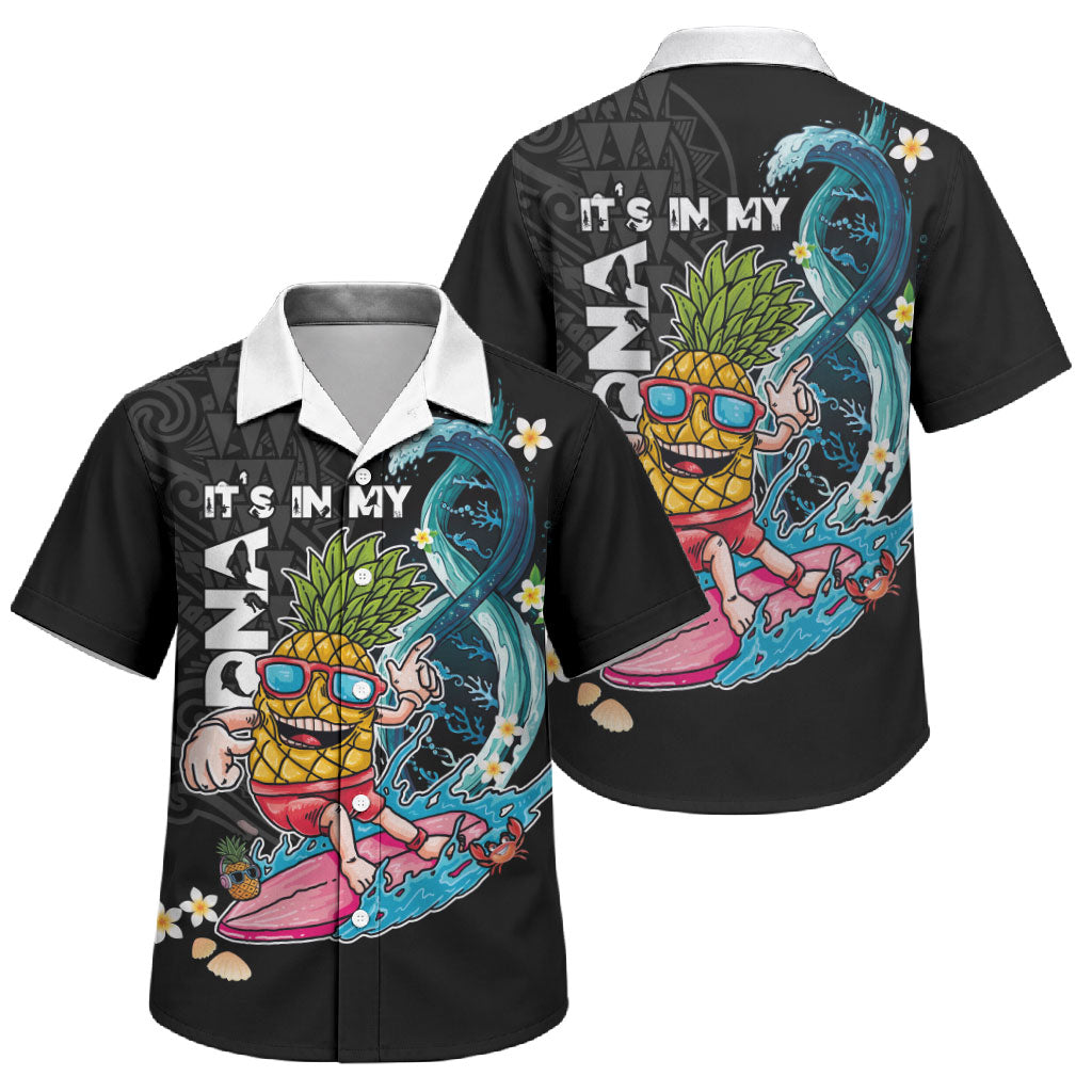 Hawaii Pineapple Surfing Family Matching Off Shoulder Short Dress and Hawaiian Shirt It's in My DNA - Kakau and Polynesian Pattern LT03 Son's Shirt Black - Polynesian Pride