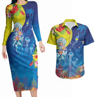 Palau Couples Matching Long Sleeve Bodycon Dress and Hawaiian Shirt Jellyfish with Coral Reefs Ocean Vibe and Tapa Pattern LT03 Blue - Polynesian Pride