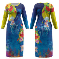 Palau Couples Matching Long Sleeve Bodycon Dress and Hawaiian Shirt Jellyfish with Coral Reefs Ocean Vibe and Tapa Pattern LT03 - Polynesian Pride