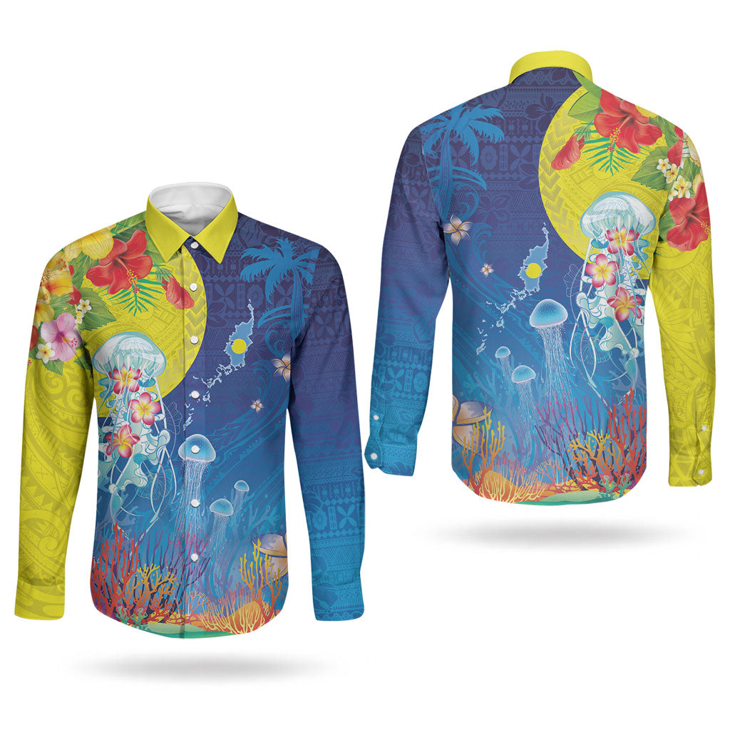 Palau Couples Matching Off Shoulder Short Dress and Long Sleeve Button Shirt Jellyfish with Coral Reefs Ocean Vibe and Tapa Pattern LT03 - Polynesian Pride