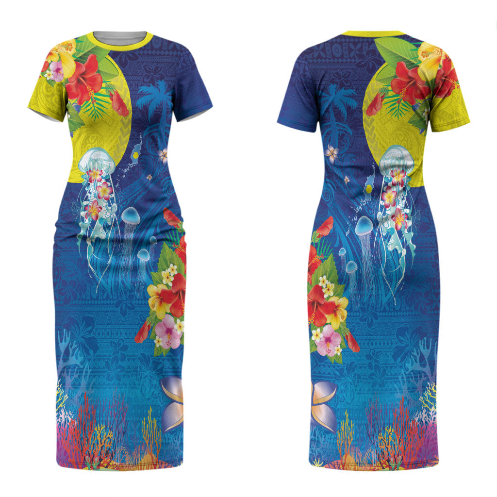 Palau Couples Matching Short Sleeve Bodycon Dress and Hawaiian Shirt Jellyfish with Coral Reefs Ocean Vibe and Tapa Pattern LT03 - Polynesian Pride