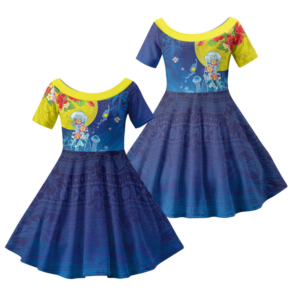 Palau Family Matching Off The Shoulder Long Sleeve Dress and Hawaiian Shirt Jellyfish with Coral Reefs Ocean Vibe and Tapa Pattern LT03 Daughter's Dress Blue - Polynesian Pride