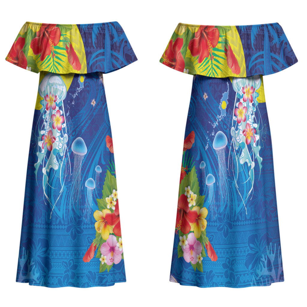 Palau Family Matching Off Shoulder Maxi Dress and Hawaiian Shirt Jellyfish with Coral Reefs Ocean Vibe and Tapa Pattern LT03 Mom's Dress Blue - Polynesian Pride