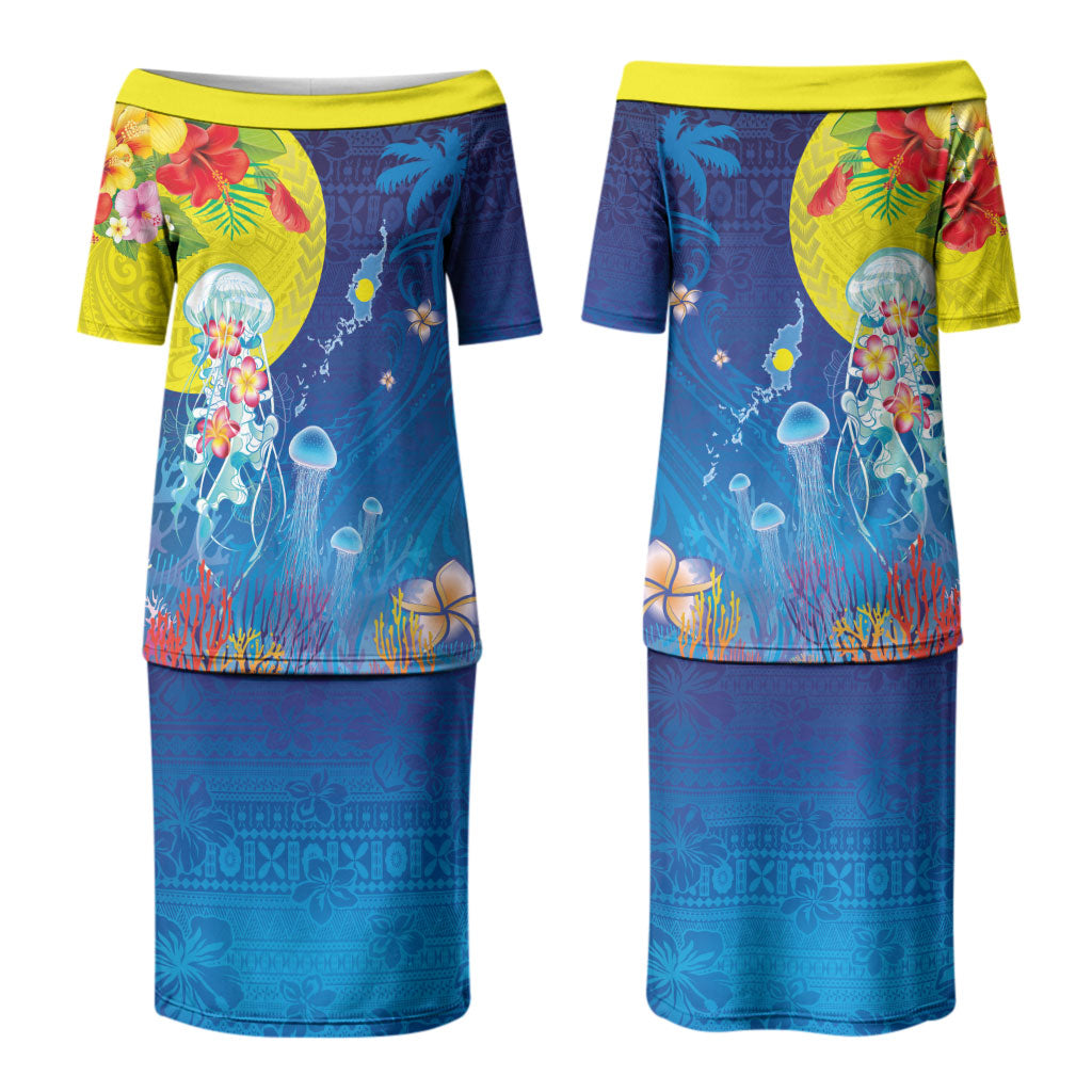 Palau Family Matching Puletasi and Hawaiian Shirt Jellyfish with Coral Reefs Ocean Vibe and Tapa Pattern LT03 Mom's Dress Blue - Polynesian Pride