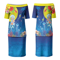 Palau Family Matching Puletasi and Hawaiian Shirt Jellyfish with Coral Reefs Ocean Vibe and Tapa Pattern LT03 Mom's Dress Blue - Polynesian Pride
