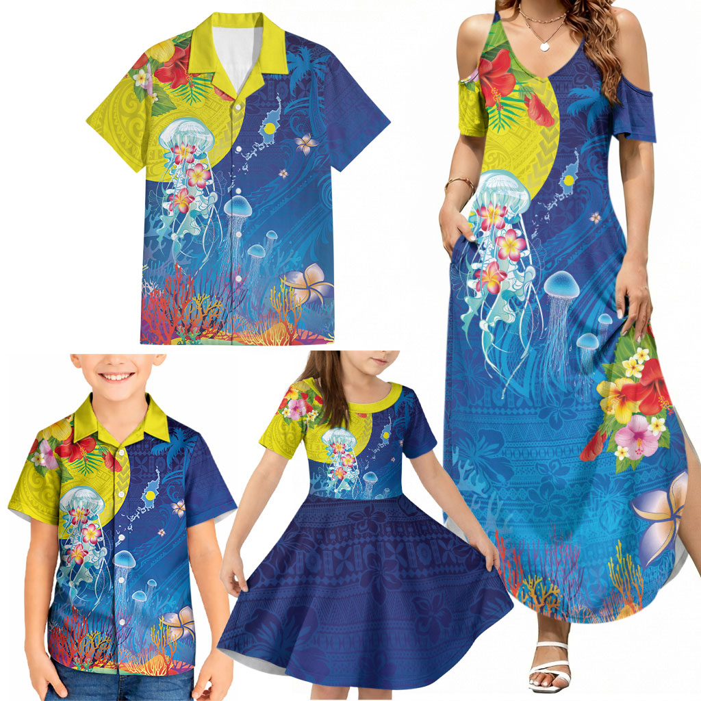 Palau Family Matching Summer Maxi Dress and Hawaiian Shirt Jellyfish with Coral Reefs Ocean Vibe and Tapa Pattern LT03 - Polynesian Pride