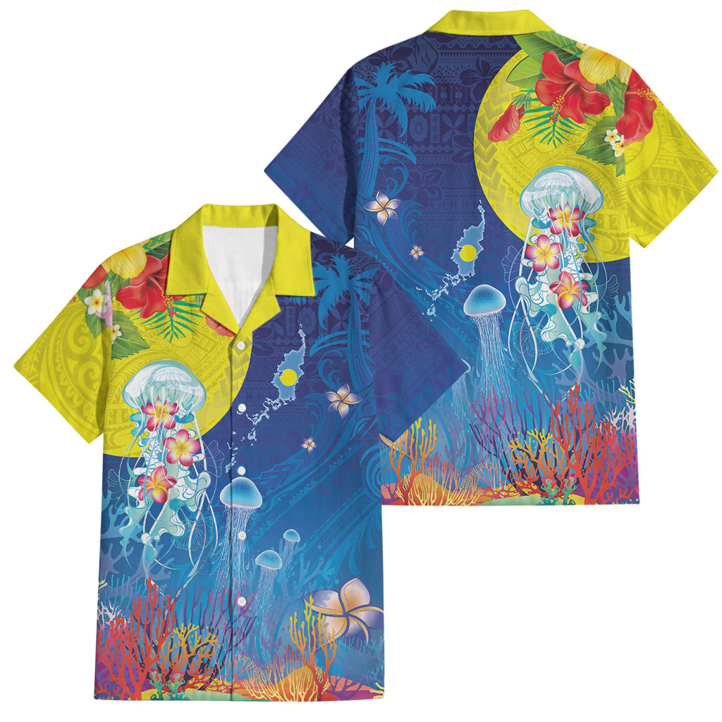 Palau Family Matching Summer Maxi Dress and Hawaiian Shirt Jellyfish with Coral Reefs Ocean Vibe and Tapa Pattern LT03 Dad's Shirt - Short Sleeve Blue - Polynesian Pride