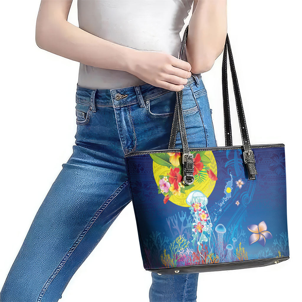 Palau Leather Tote Bag Jellyfish with Coral Reefs Ocean Vibe and Tapa Pattern LT03 - Polynesian Pride