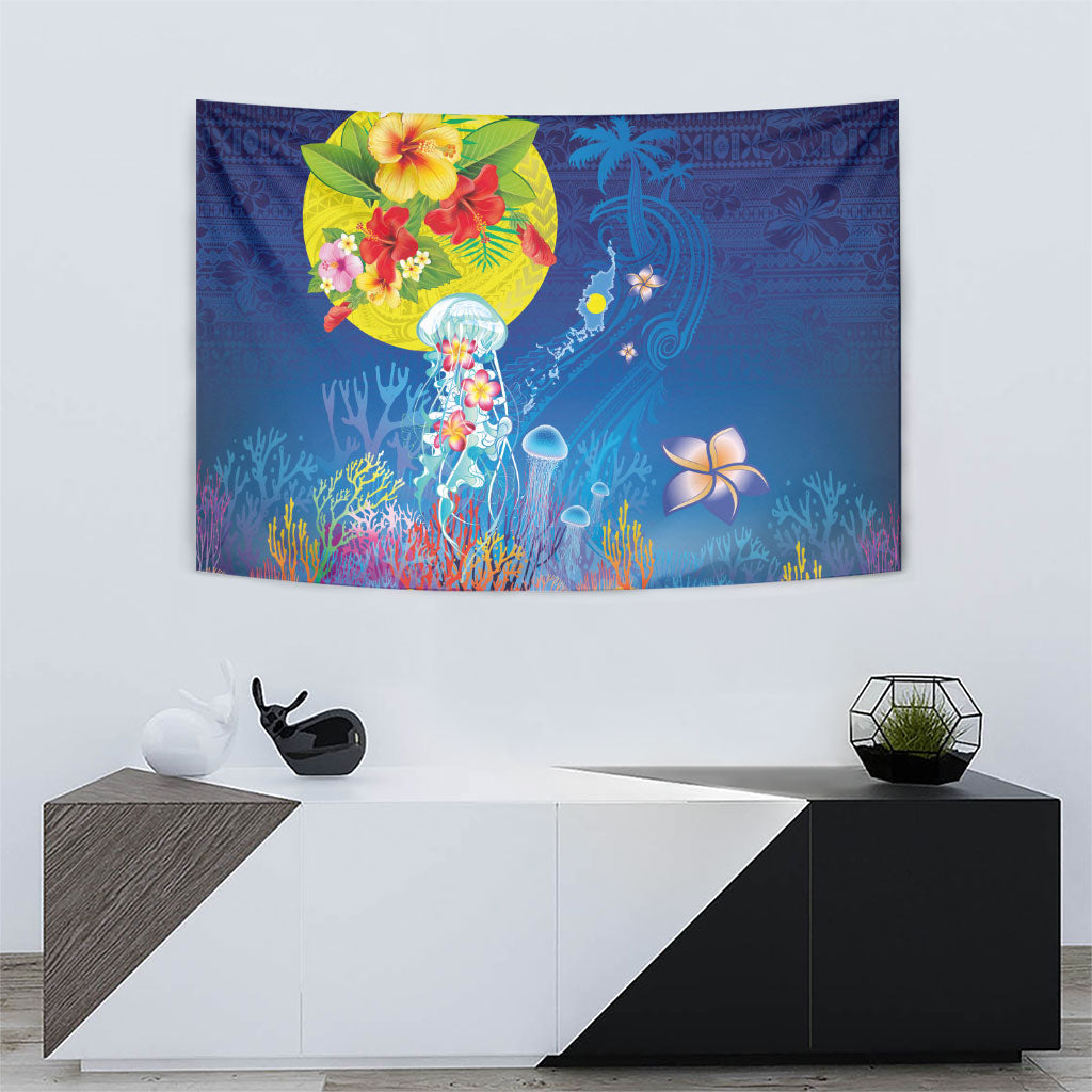 Palau Tapestry Jellyfish with Coral Reefs Ocean Vibe and Tapa Pattern LT03 - Polynesian Pride