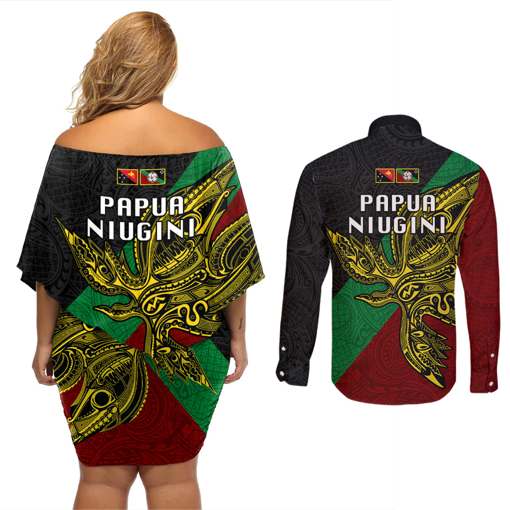Papua New Guinea East New Britain Province Couples Matching Off Shoulder Short Dress and Long Sleeve Button Shirts PNG Birds Of Paradise Polynesian Arty Style LT03 - Polynesian Pride