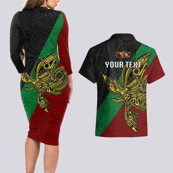 Papua New Guinea Gulf Province Couples Matching Off The Shoulder Long Sleeve Dress and Hawaiian Shirt PNG Birds Of Paradise Polynesian Arty Style LT03