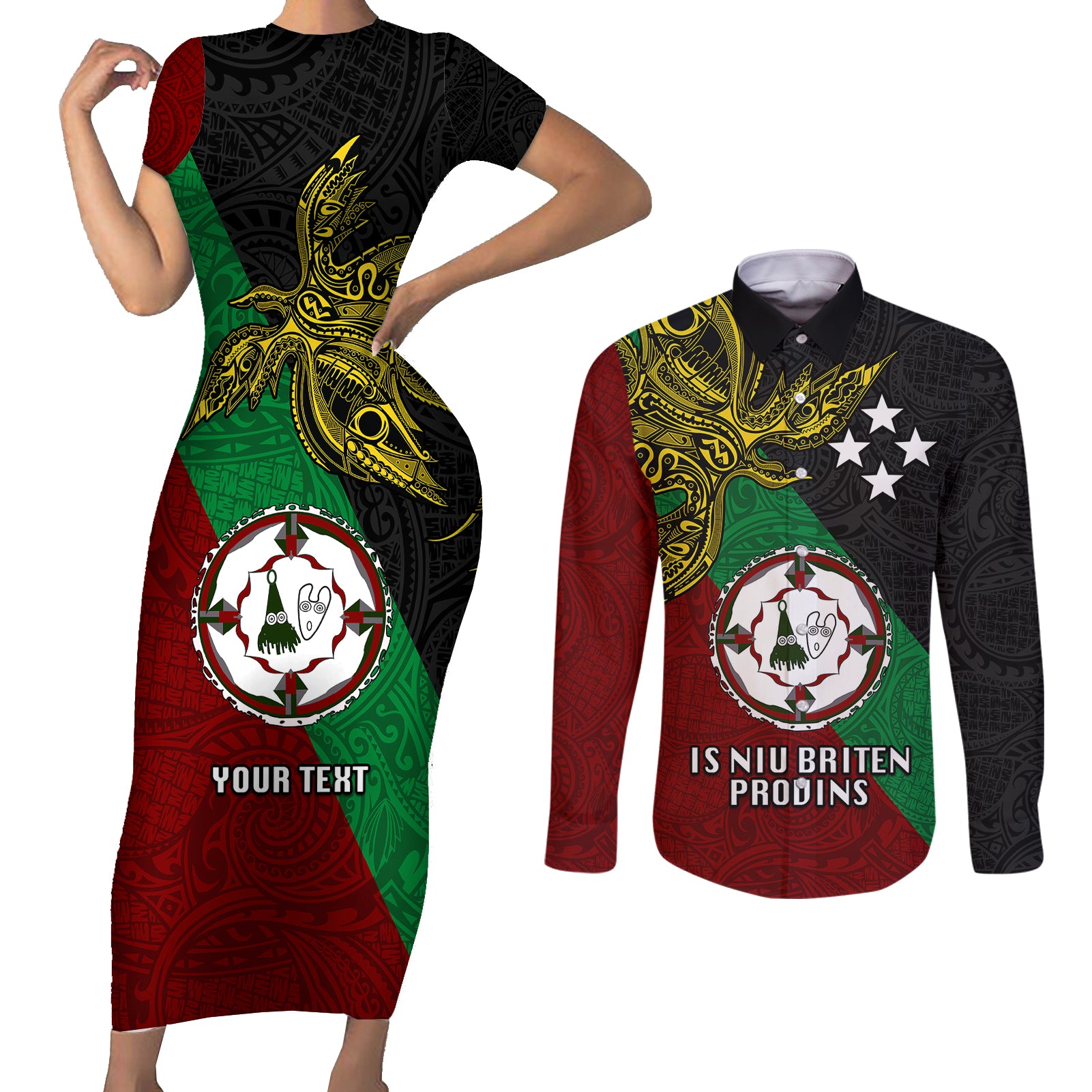 Custom Papua New Guinea East New Britain Province Couples Matching Short Sleeve Bodycon Dress and Long Sleeve Button Shirts PNG Birds Of Paradise Polynesian Arty Style LT03 Green - Polynesian Pride