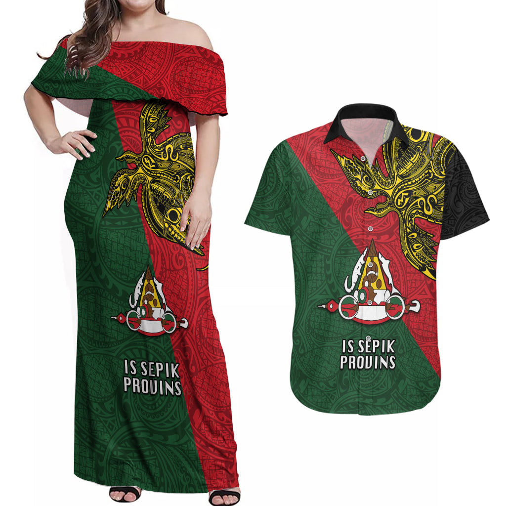 Papua New Guinea East Sepik Province Couples Matching Off Shoulder Maxi Dress and Hawaiian Shirt PNG Birds Of Paradise Polynesian Arty Style LT03 Green - Polynesian Pride