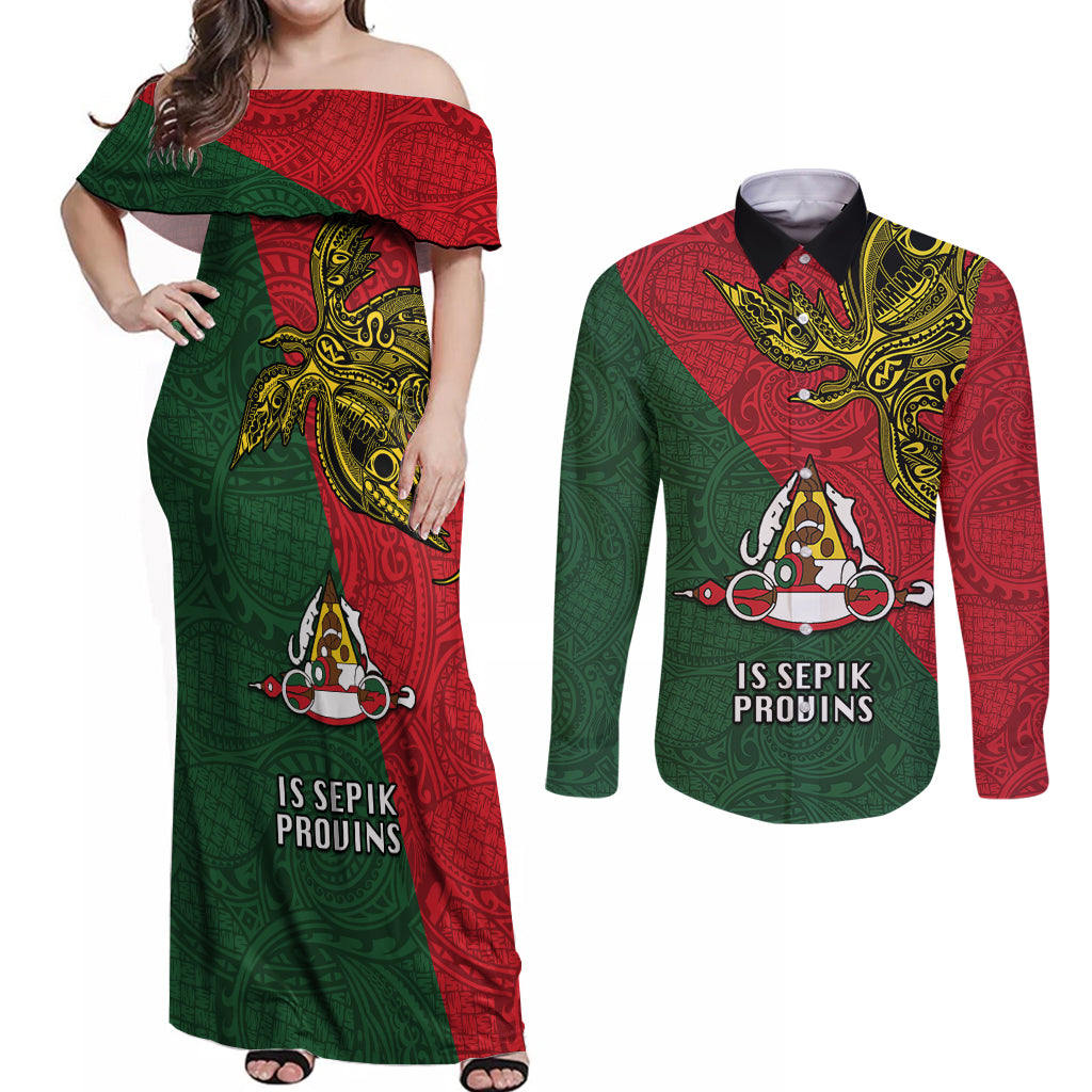 Papua New Guinea East Sepik Province Couples Matching Off Shoulder Maxi Dress and Long Sleeve Button Shirts PNG Birds Of Paradise Polynesian Arty Style LT03 Green - Polynesian Pride