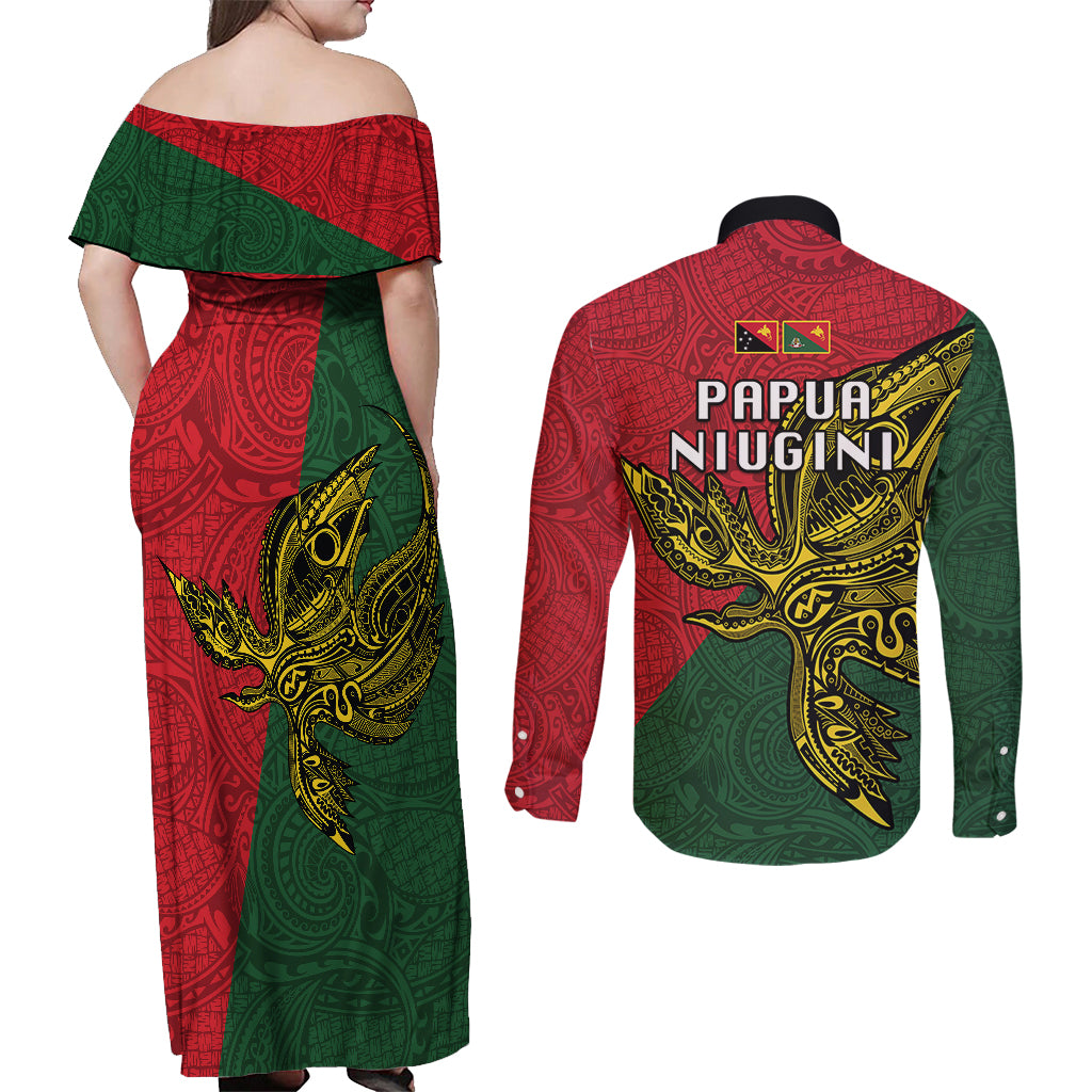 Papua New Guinea East Sepik Province Couples Matching Off Shoulder Maxi Dress and Long Sleeve Button Shirts PNG Birds Of Paradise Polynesian Arty Style LT03 - Polynesian Pride
