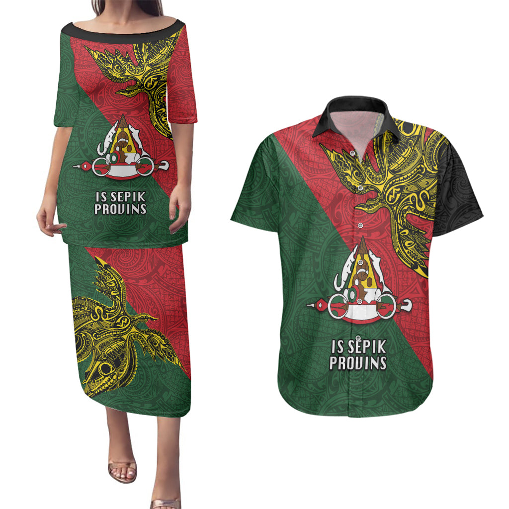 Papua New Guinea East Sepik Province Couples Matching Puletasi Dress and Hawaiian Shirt PNG Birds Of Paradise Polynesian Arty Style LT03 Green - Polynesian Pride