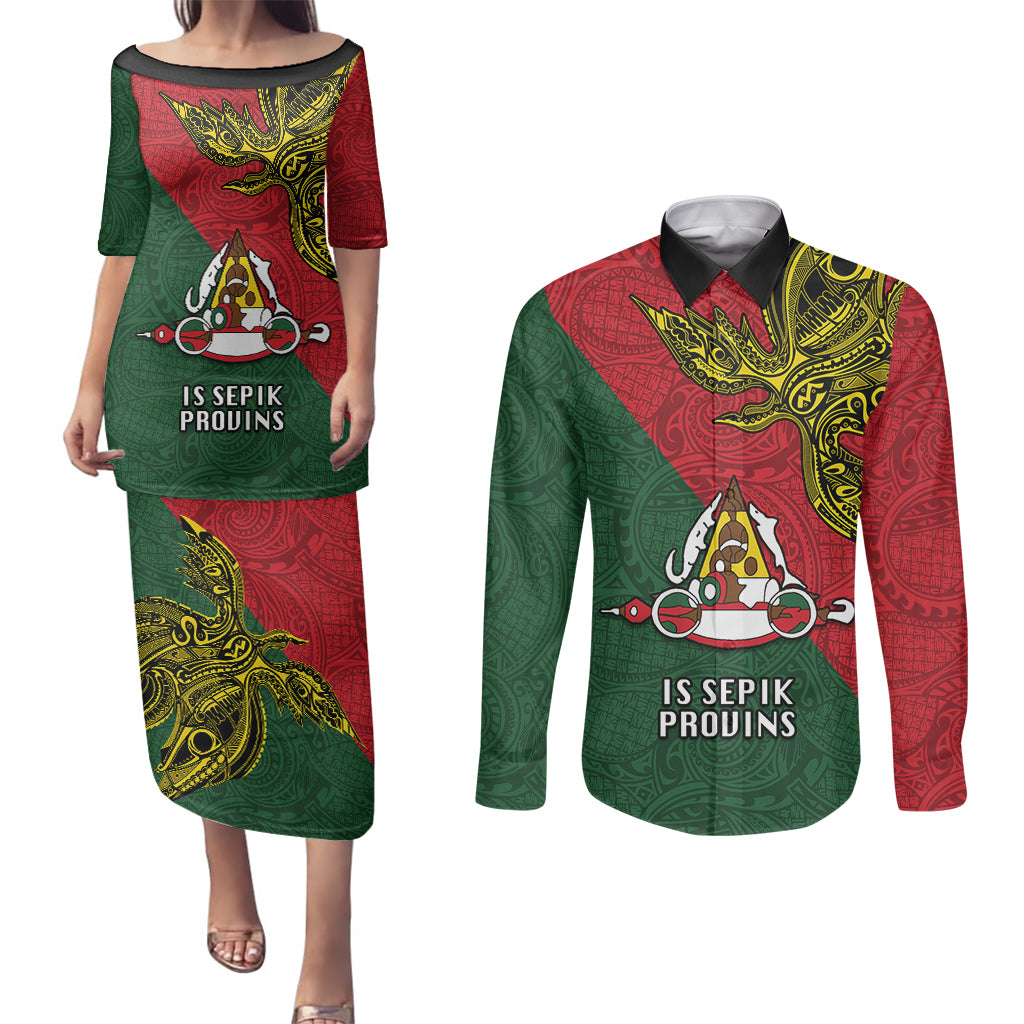 Papua New Guinea East Sepik Province Couples Matching Puletasi Dress and Long Sleeve Button Shirts PNG Birds Of Paradise Polynesian Arty Style LT03 Green - Polynesian Pride