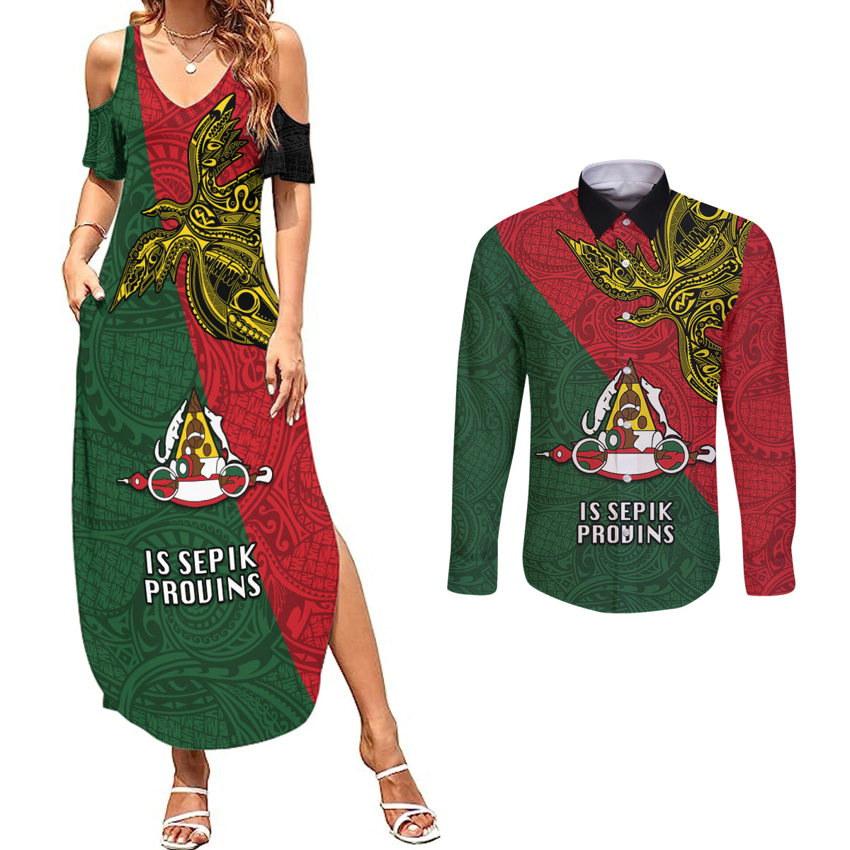 Papua New Guinea East Sepik Province Couples Matching Summer Maxi Dress and Long Sleeve Button Shirts PNG Birds Of Paradise Polynesian Arty Style LT03 Green - Polynesian Pride