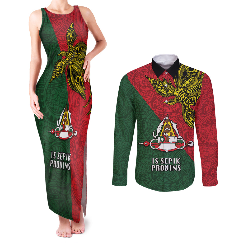 Papua New Guinea East Sepik Province Couples Matching Tank Maxi Dress and Long Sleeve Button Shirts PNG Birds Of Paradise Polynesian Arty Style LT03 Green - Polynesian Pride