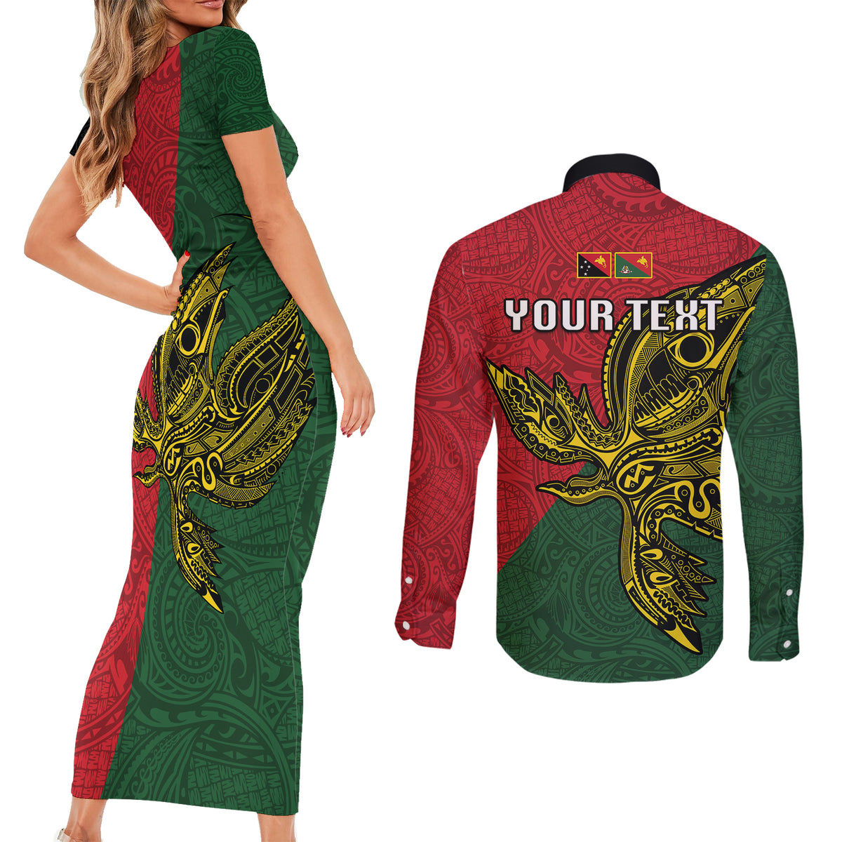 Custom Papua New Guinea East Sepik Province Couples Matching Short Sleeve Bodycon Dress and Long Sleeve Button Shirts PNG Birds Of Paradise Polynesian Arty Style LT03 - Polynesian Pride