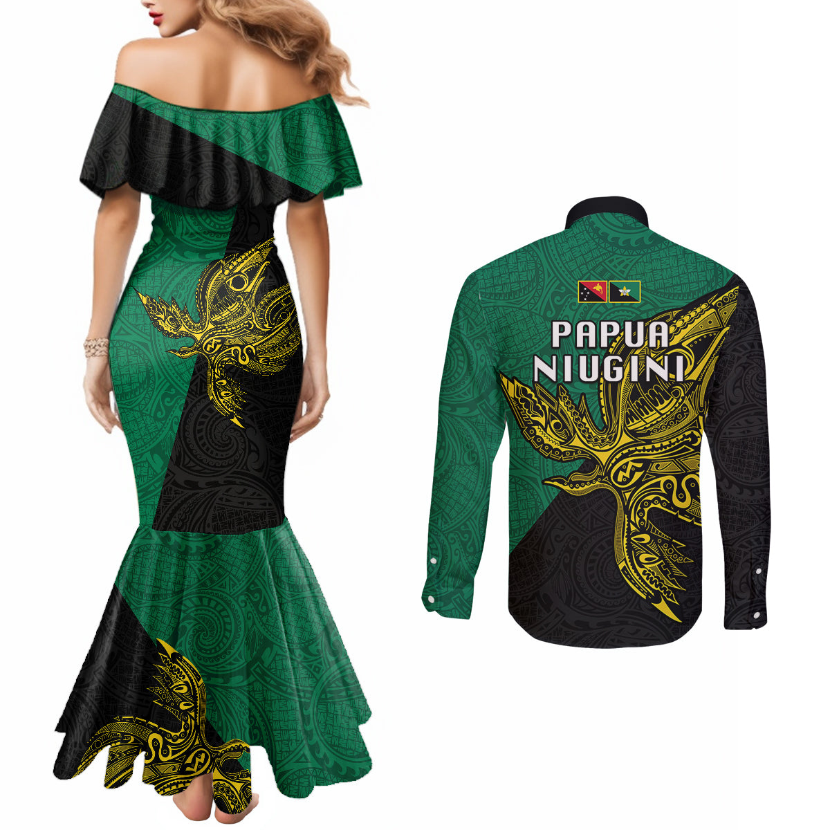 Papua New Guinea Enga Province Couples Matching Mermaid Dress and Long Sleeve Button Shirts PNG Birds Of Paradise Polynesian Arty Style LT03 - Polynesian Pride