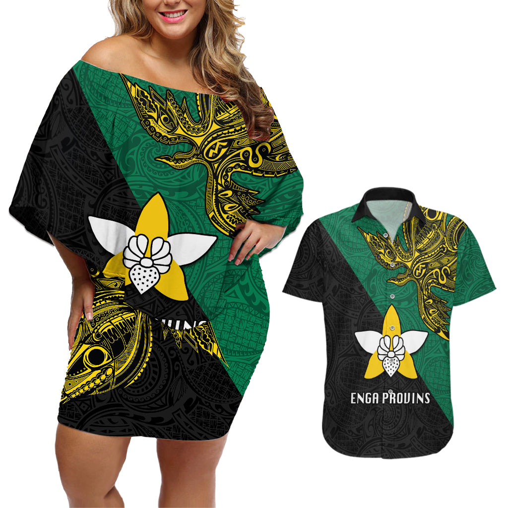 Papua New Guinea Enga Province Couples Matching Off Shoulder Short Dress and Hawaiian Shirt PNG Birds Of Paradise Polynesian Arty Style LT03 Green - Polynesian Pride
