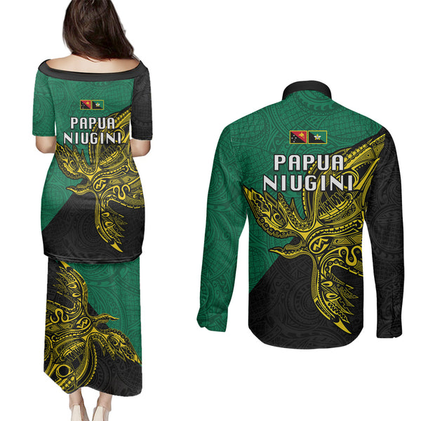 Custom Papua New Guinea Enga Province Couples Matching Off The Shoulder Long Sleeve Dress and Hawaiian Shirt PNG Birds Of Paradise Polynesian Arty Style LT03