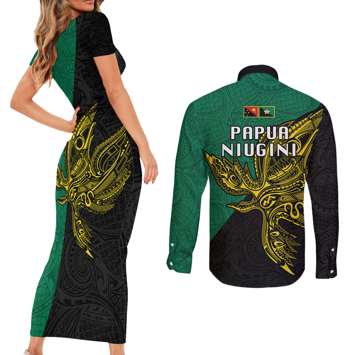 Papua New Guinea Enga Province Couples Matching Short Sleeve Bodycon Dress and Long Sleeve Button Shirts PNG Birds Of Paradise Polynesian Arty Style LT03 - Polynesian Pride