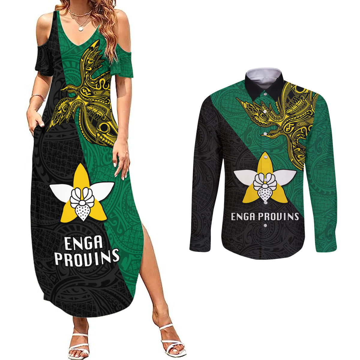 Papua New Guinea Enga Province Couples Matching Summer Maxi Dress and Long Sleeve Button Shirts PNG Birds Of Paradise Polynesian Arty Style LT03 Green - Polynesian Pride