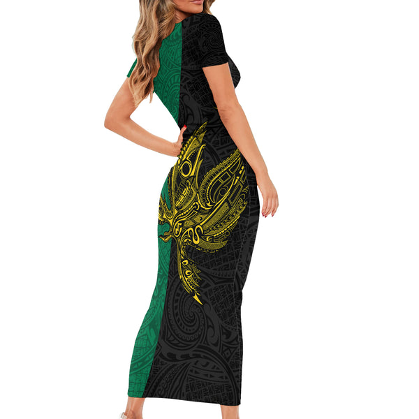 Papua New Guinea Island Long Sleeve Bodycon Dress Bird of Paradise with Gold Polynesian Tribal LT9