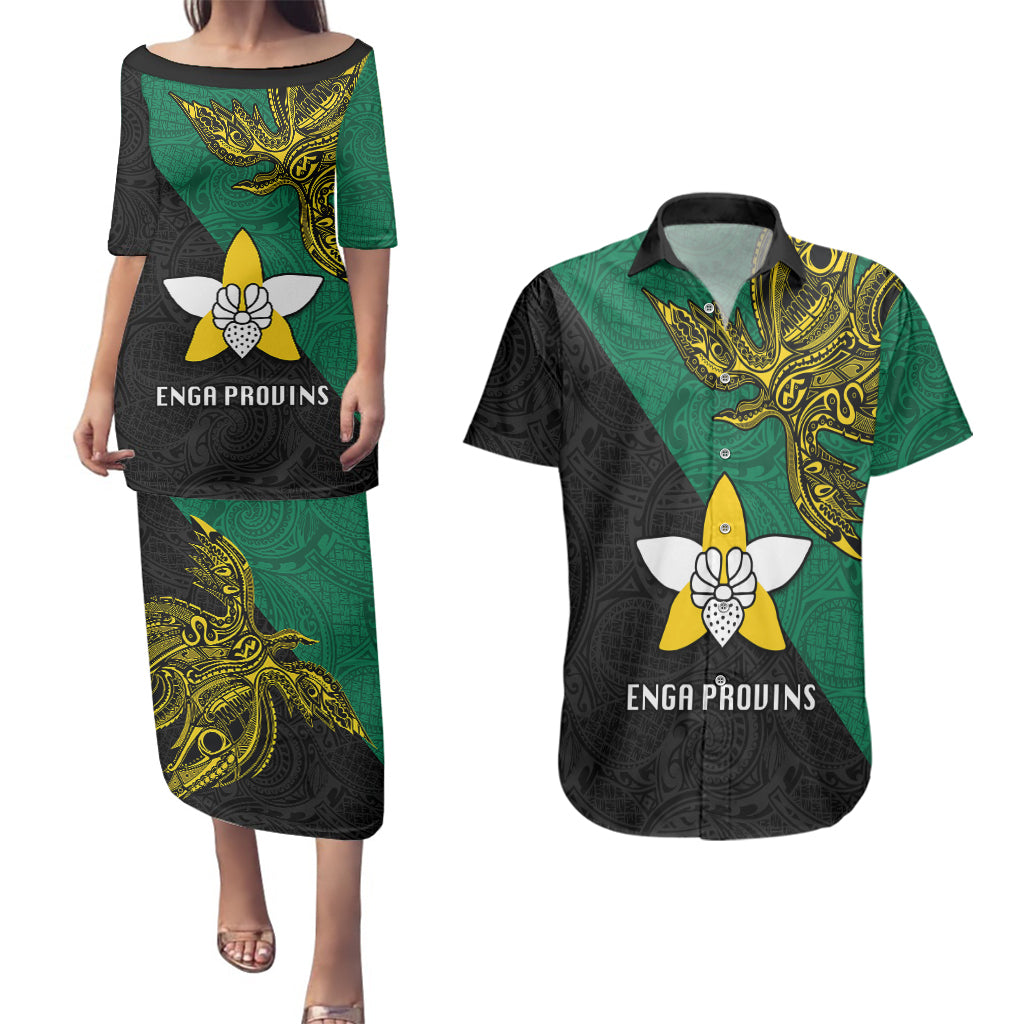 Custom Papua New Guinea Enga Province Couples Matching Puletasi Dress and Hawaiian Shirt PNG Birds Of Paradise Polynesian Arty Style LT03 Green - Polynesian Pride
