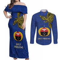 Papua New Guinea Gulf Province Couples Matching Off Shoulder Maxi Dress and Long Sleeve Button Shirts PNG Birds Of Paradise Polynesian Arty Style LT03 Blue - Polynesian Pride