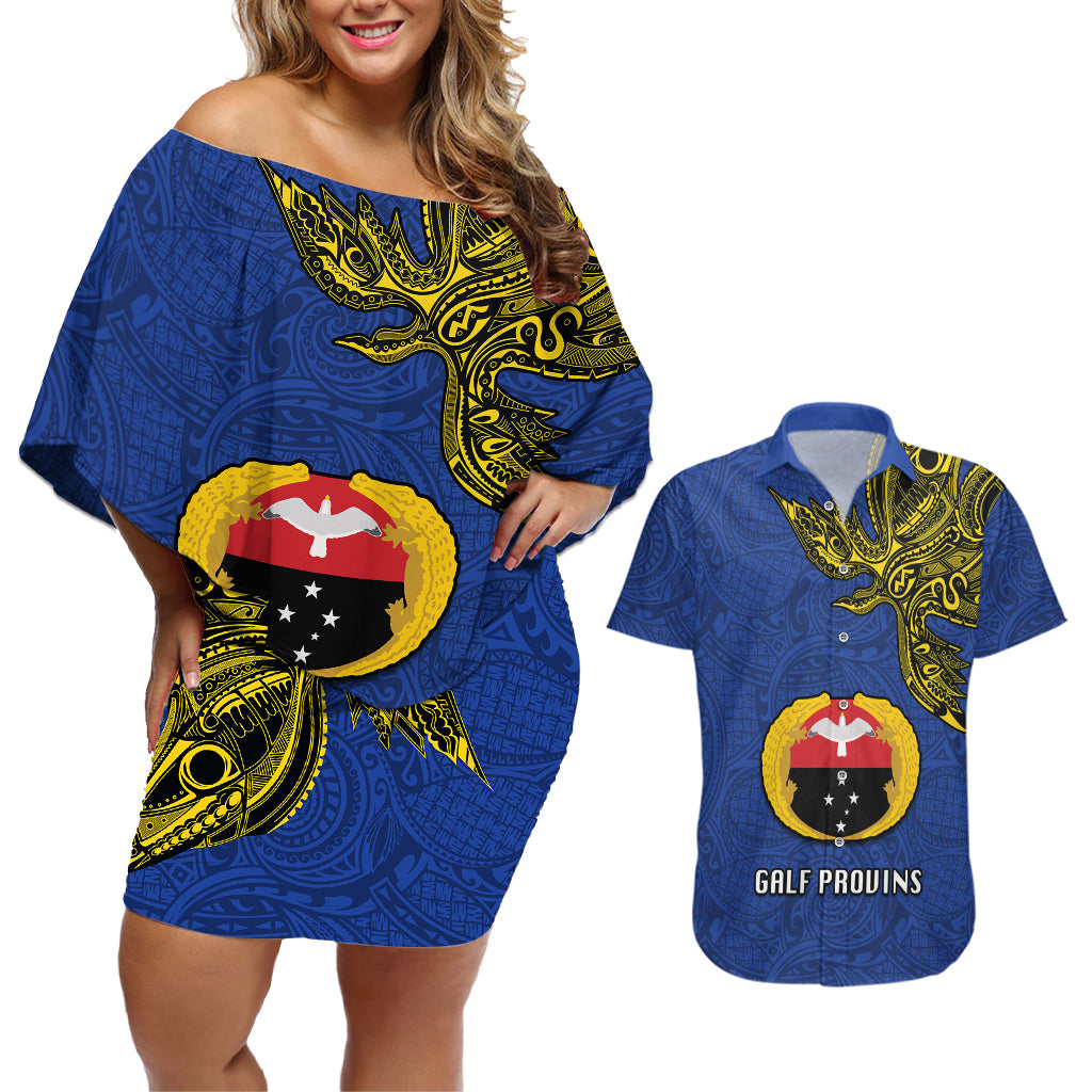 Papua New Guinea Gulf Province Couples Matching Off Shoulder Short Dress and Hawaiian Shirt PNG Birds Of Paradise Polynesian Arty Style LT03 Blue - Polynesian Pride
