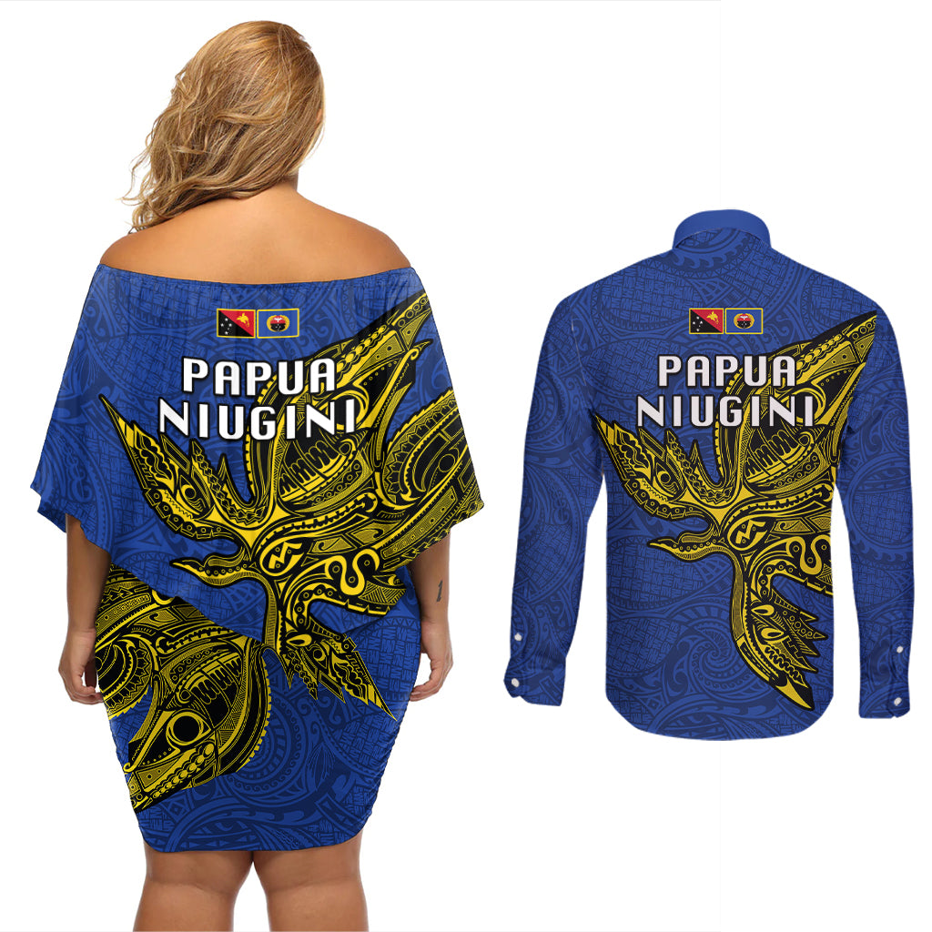 Papua New Guinea Gulf Province Couples Matching Off Shoulder Short Dress and Long Sleeve Button Shirts PNG Birds Of Paradise Polynesian Arty Style LT03 - Polynesian Pride