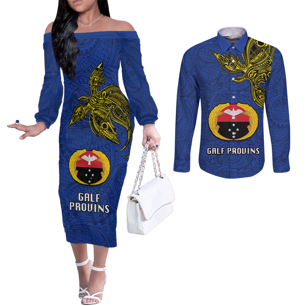 Papua New Guinea Gulf Province Couples Matching Off The Shoulder Long Sleeve Dress and Long Sleeve Button Shirts PNG Birds Of Paradise Polynesian Arty Style LT03 Blue - Polynesian Pride