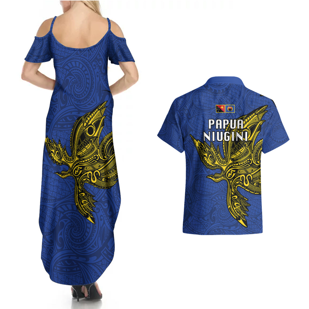 Papua New Guinea Gulf Province Couples Matching Summer Maxi Dress and Hawaiian Shirt PNG Birds Of Paradise Polynesian Arty Style LT03 - Polynesian Pride