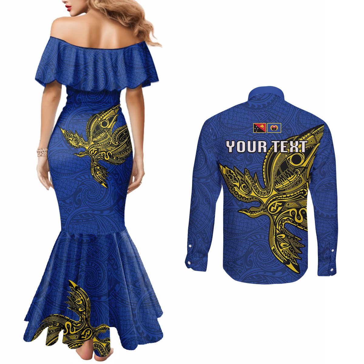 Custom Papua New Guinea Gulf Province Couples Matching Mermaid Dress and Long Sleeve Button Shirts PNG Birds Of Paradise Polynesian Arty Style LT03 - Polynesian Pride