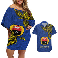 Custom Papua New Guinea Gulf Province Couples Matching Off Shoulder Short Dress and Hawaiian Shirt PNG Birds Of Paradise Polynesian Arty Style LT03 Blue - Polynesian Pride