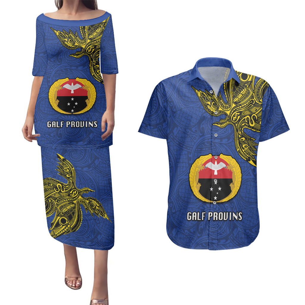 Custom Papua New Guinea Gulf Province Couples Matching Puletasi Dress and Hawaiian Shirt PNG Birds Of Paradise Polynesian Arty Style LT03 Blue - Polynesian Pride