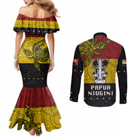 Papua New Guinea Madang Province Couples Matching Mermaid Dress and Long Sleeve Button Shirts PNG Birds Of Paradise Polynesian Arty Style LT03 - Polynesian Pride