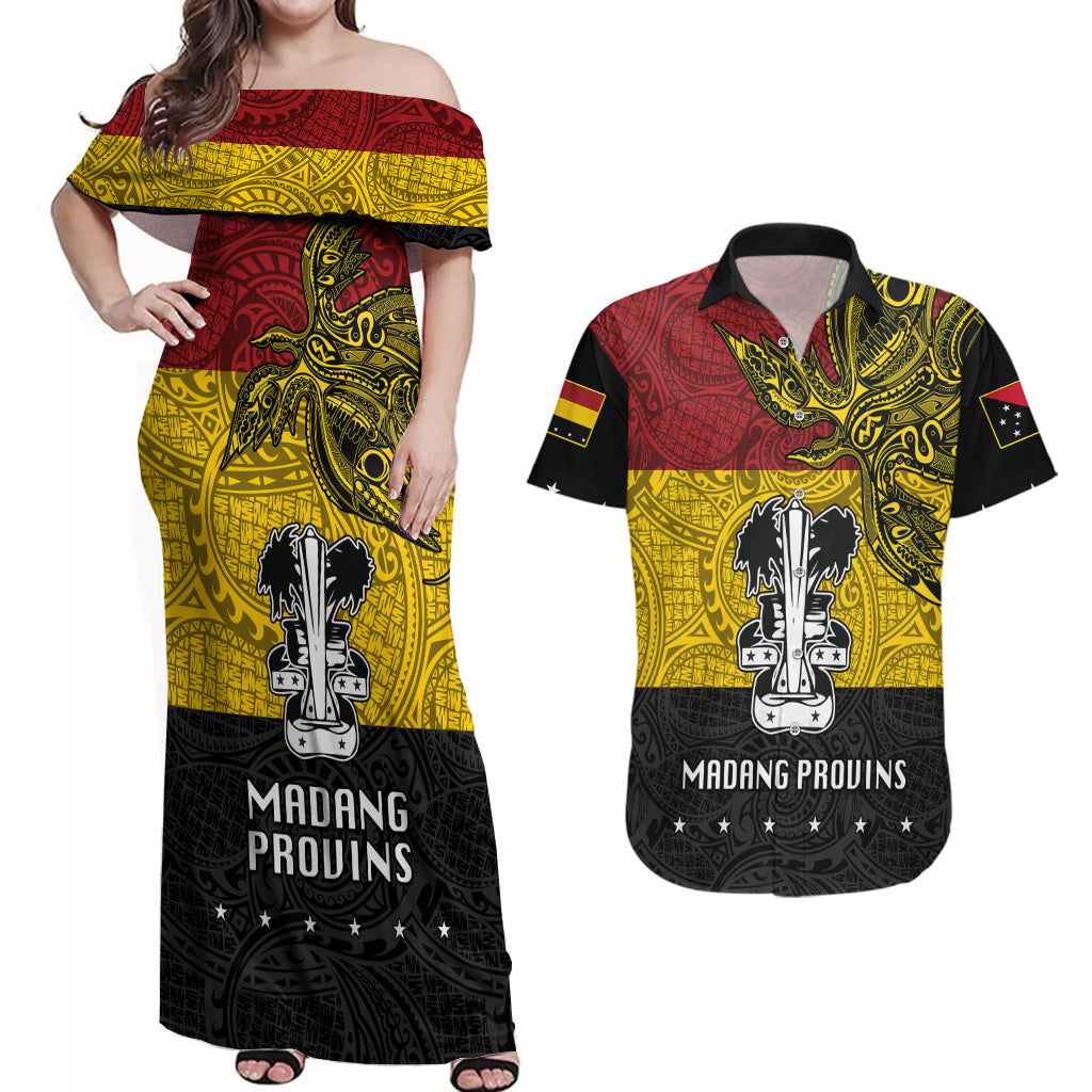 Papua New Guinea Madang Province Couples Matching Off Shoulder Maxi Dress and Hawaiian Shirt PNG Birds Of Paradise Polynesian Arty Style LT03 Yellow - Polynesian Pride