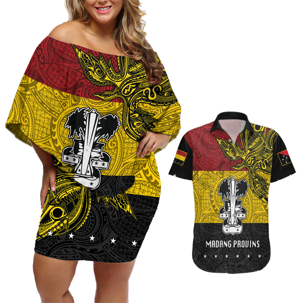 Papua New Guinea Madang Province Couples Matching Off Shoulder Short Dress and Hawaiian Shirt PNG Birds Of Paradise Polynesian Arty Style LT03 Yellow - Polynesian Pride