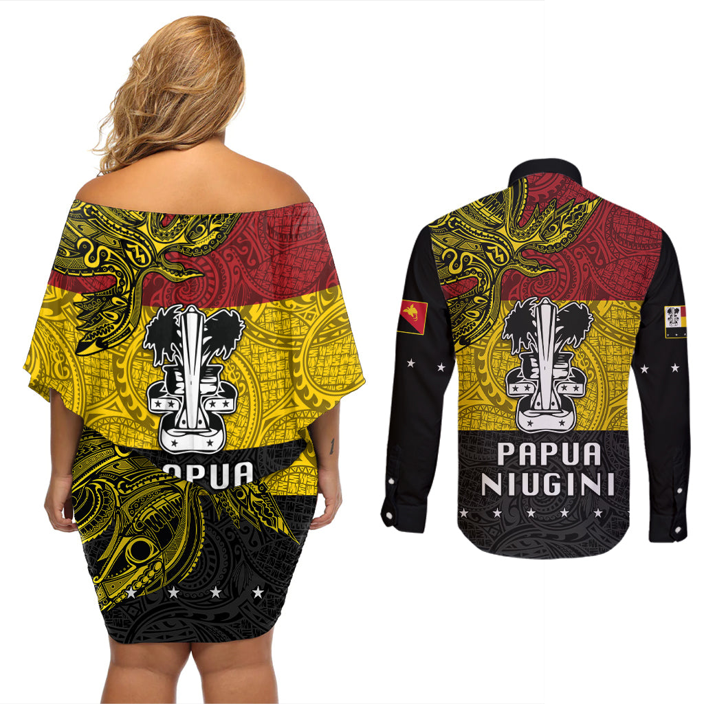 Papua New Guinea Madang Province Couples Matching Off Shoulder Short Dress and Long Sleeve Button Shirts PNG Birds Of Paradise Polynesian Arty Style LT03 - Polynesian Pride