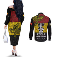 Papua New Guinea Madang Province Couples Matching Off The Shoulder Long Sleeve Dress and Long Sleeve Button Shirts PNG Birds Of Paradise Polynesian Arty Style LT03 - Polynesian Pride